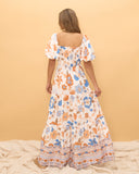 Sophia 橙蓝色花卉分层超长连衣裙