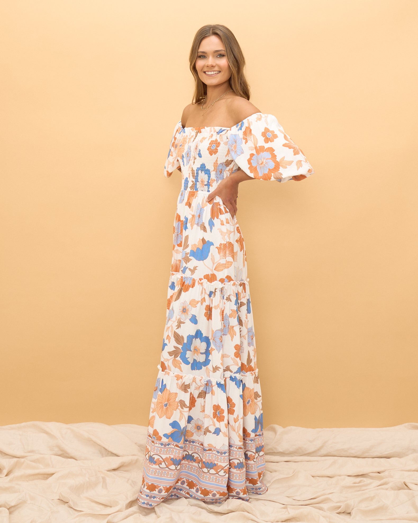 Sophia Orange Blue Floral Tiered Maxi Dress