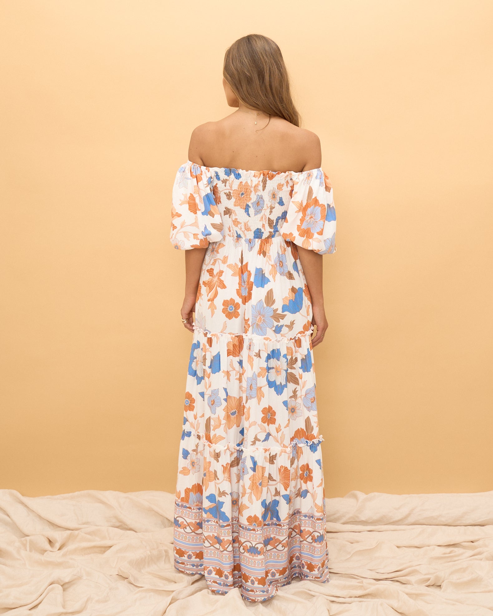 Sophia Orange Blue Floral Tiered Maxi Dress