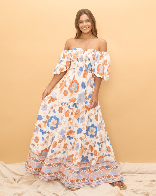 Sophia Orange Blue Floral Tiered Maxi Dress