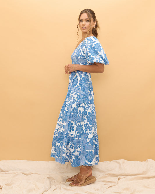 Tatiana Blue Floral Boho One Shoulder Midi Dress