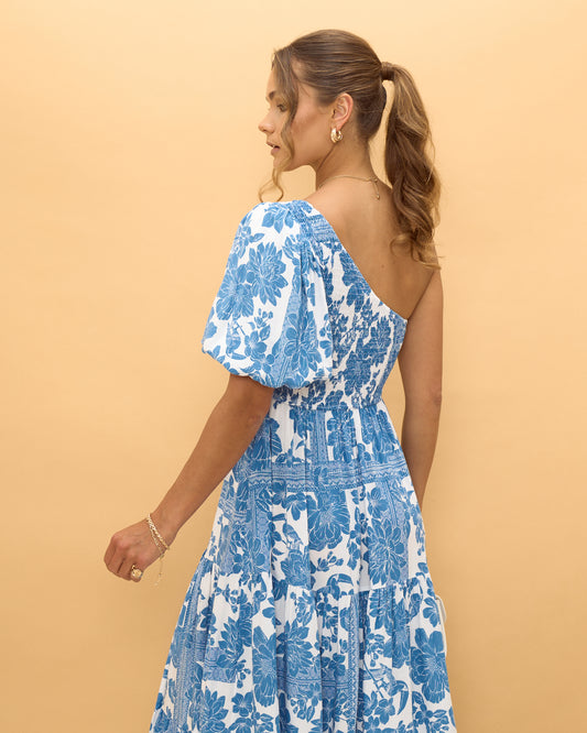Tatiana Blue Floral Boho One Shoulder Midi Dress