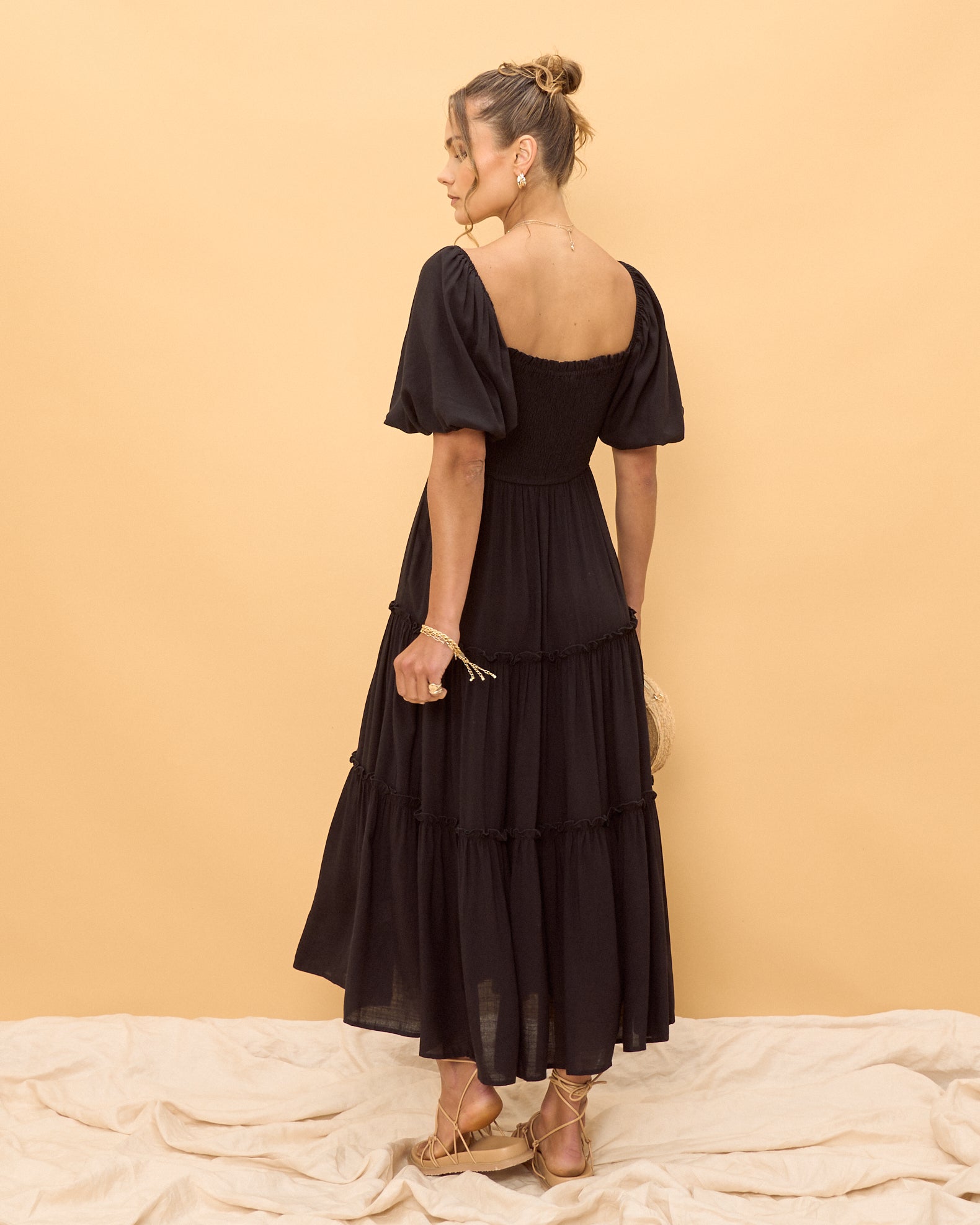 Thalia Black Puff Sleeves Midi Dress