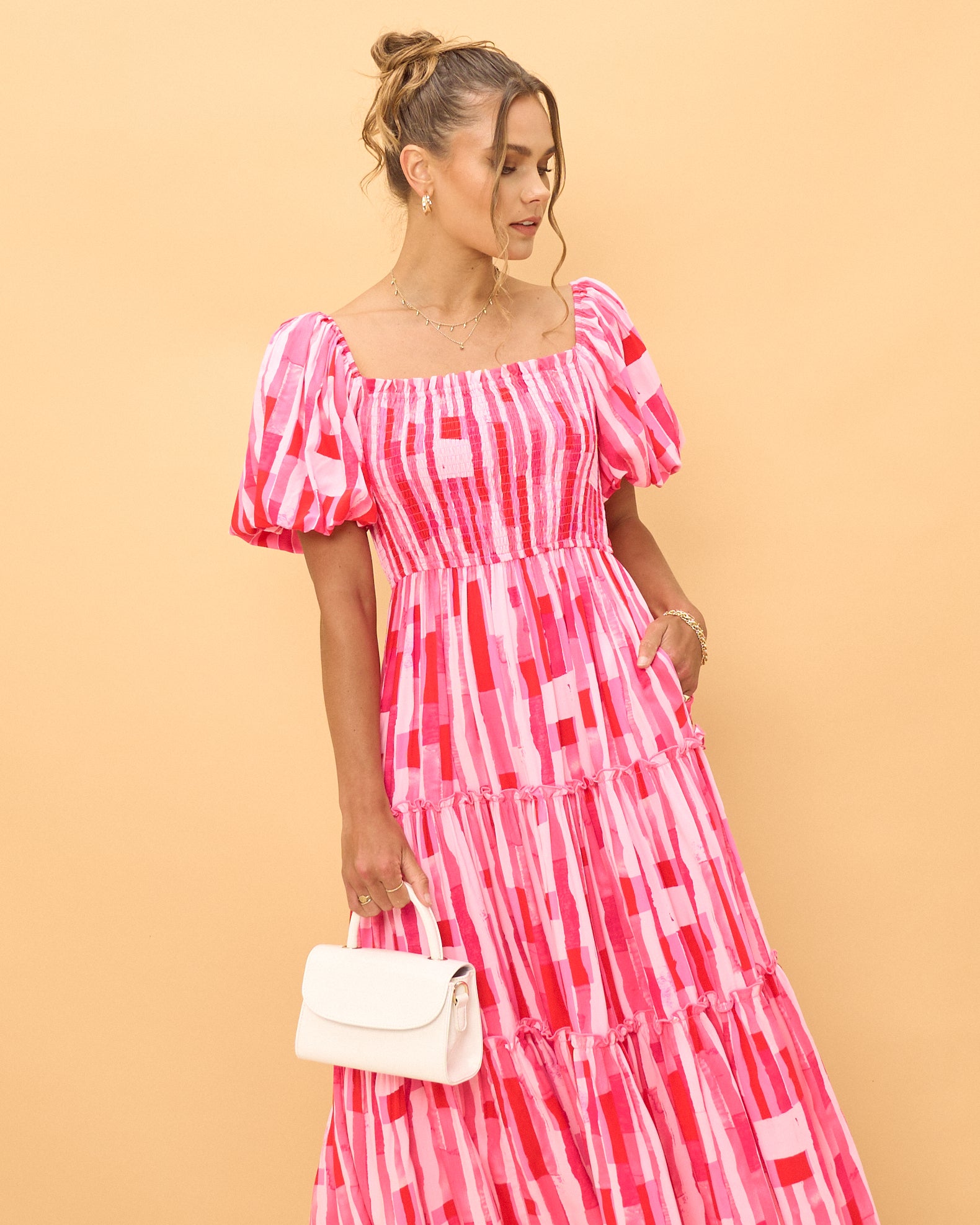 Wania Pink Abstract Puff Sleeves Midi Dress