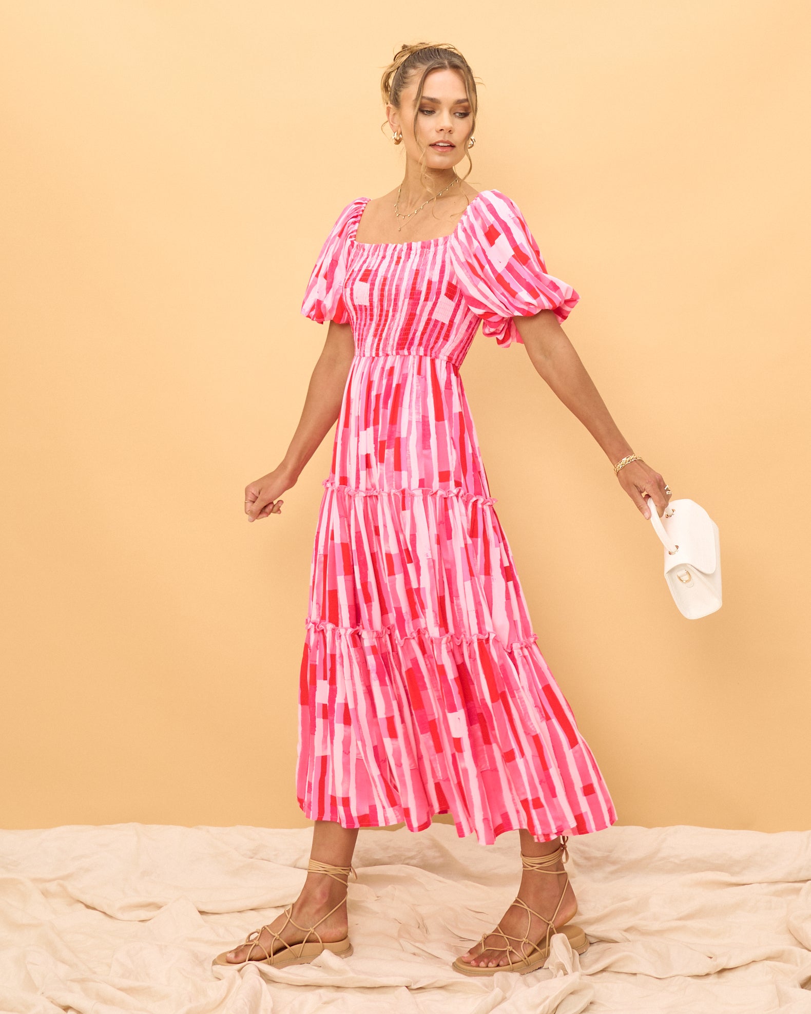 Wania Pink Abstract Puff Sleeves Midi Dress