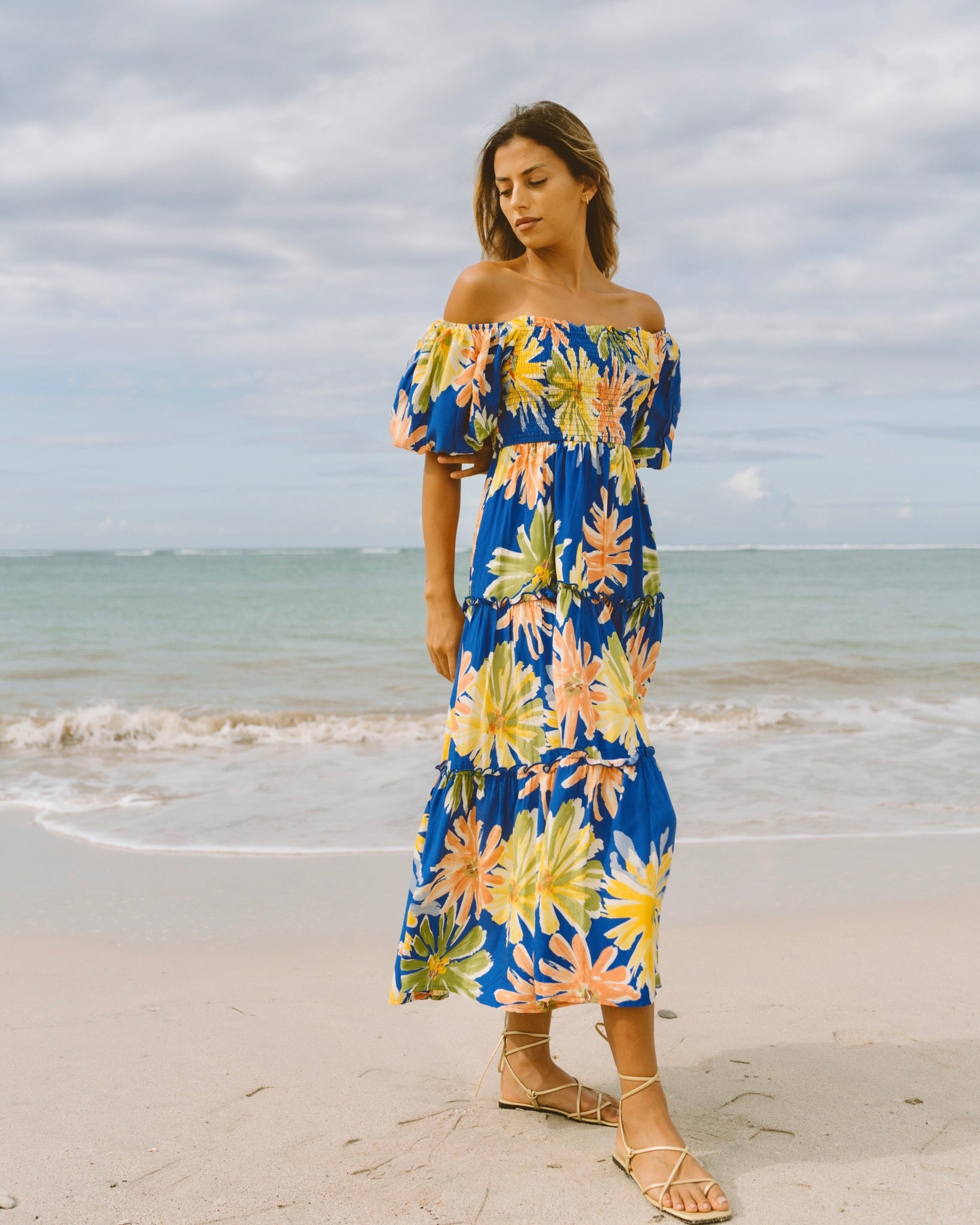 Zion Blue Floral Puff Sleeves Midi Dress