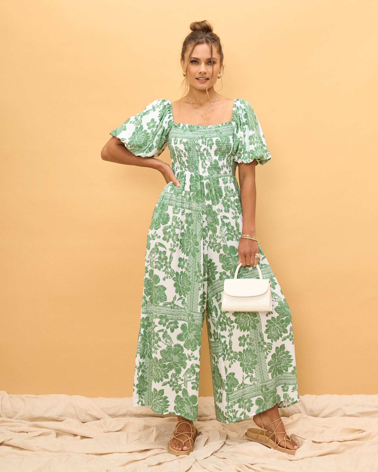 Viridiana Green Floral Puff Sleeve Jumpsuit - Main Image