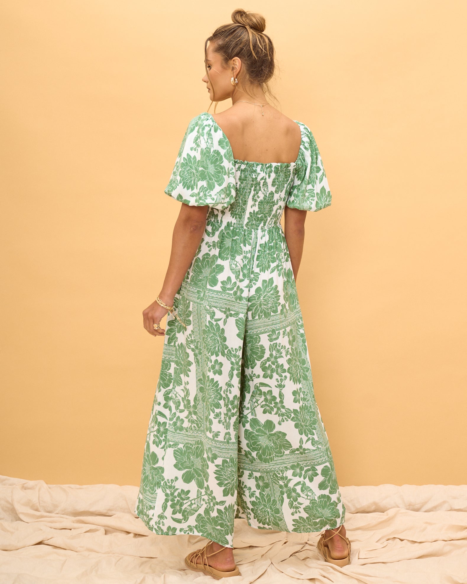 Viridiana Green Floral Puff Sleeve Jumpsuit