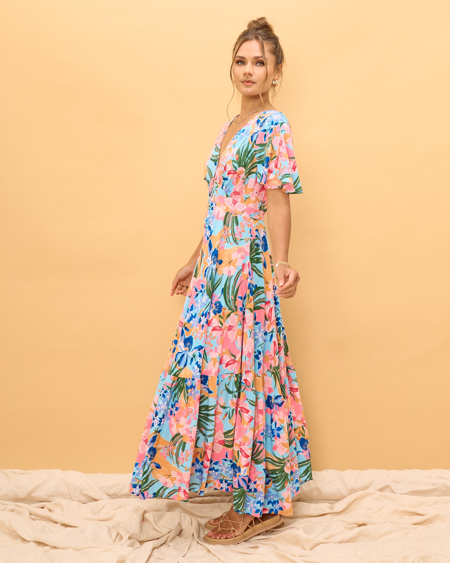 Iridiana Pink Blue Floral Midi Dress