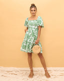 Viridiana Green Floral Puff Sleeves Mini Dress