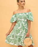 Viridiana Green Floral Puff Sleeves Mini Dress