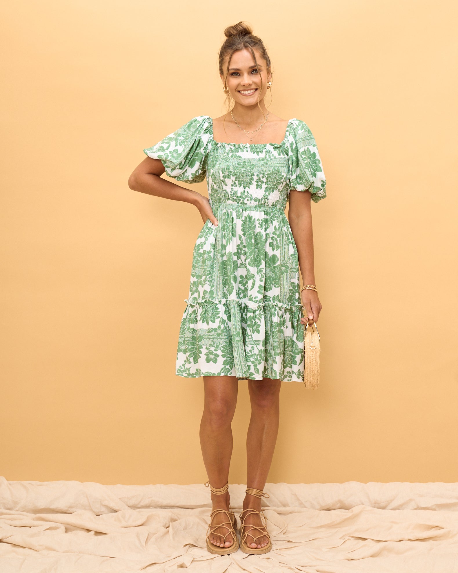 Viridiana Green Floral Puff Sleeves Mini Dress