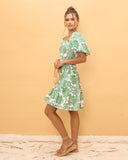 Viridiana Green Floral Puff Sleeves Mini Dress