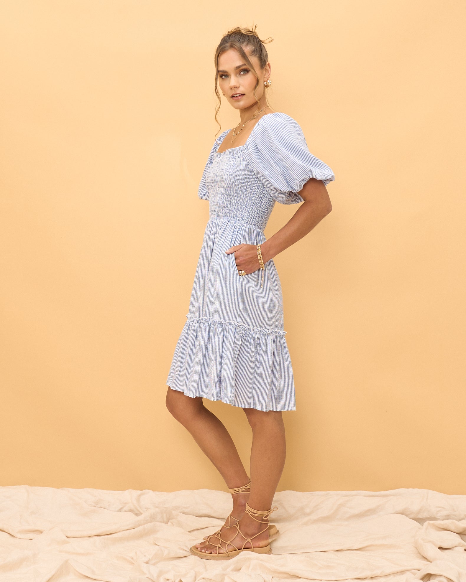 Westleigh Blue Stripe Puff Sleeve Mini Dress