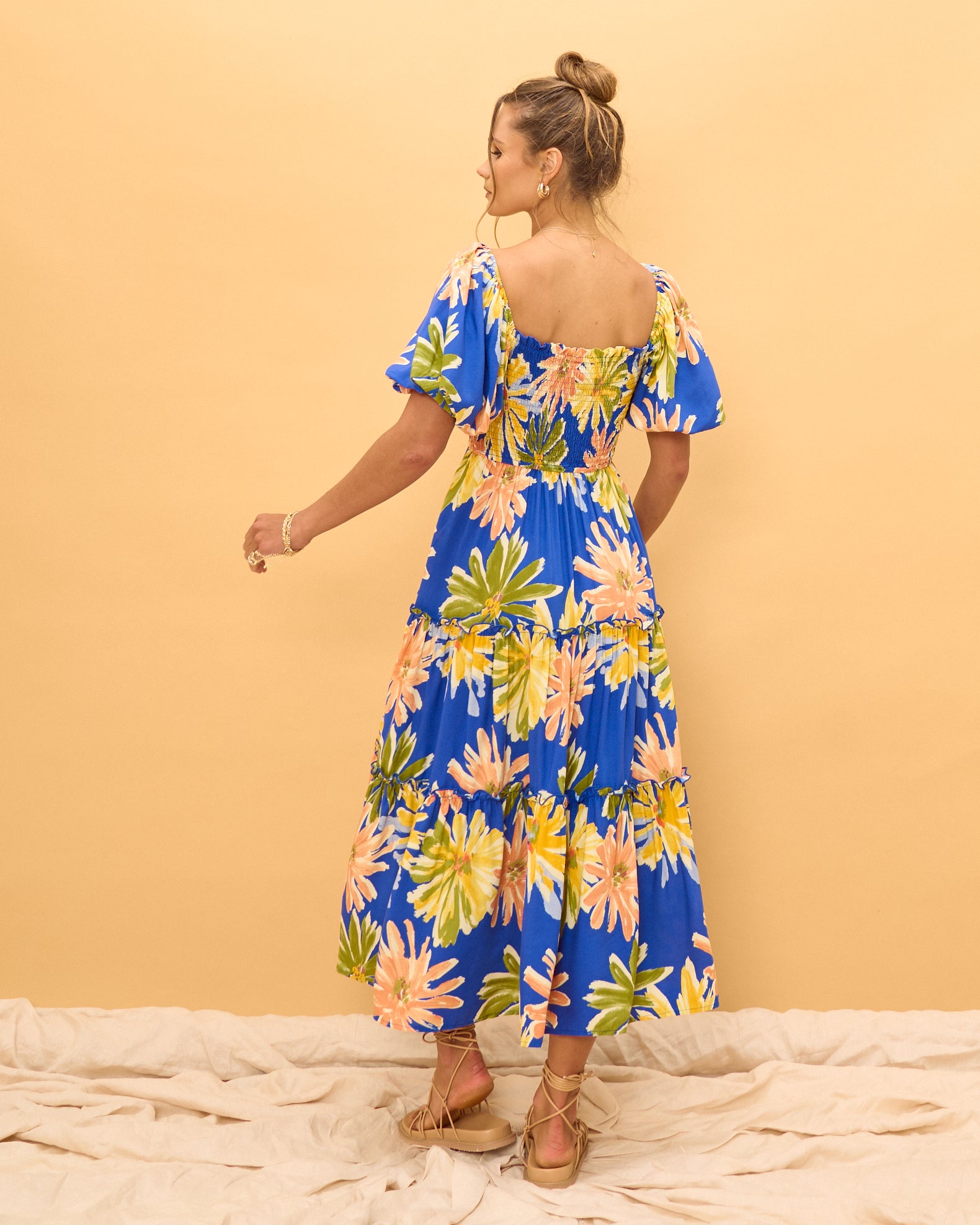 Zion Blue Floral Puff Sleeves Midi Dress