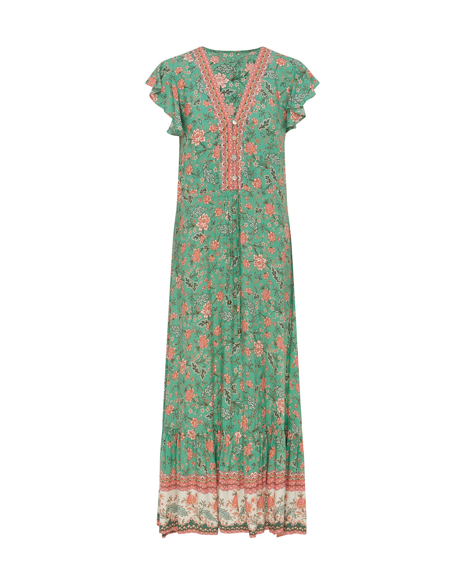 Whitney Green Floral Boho Maxi Dress