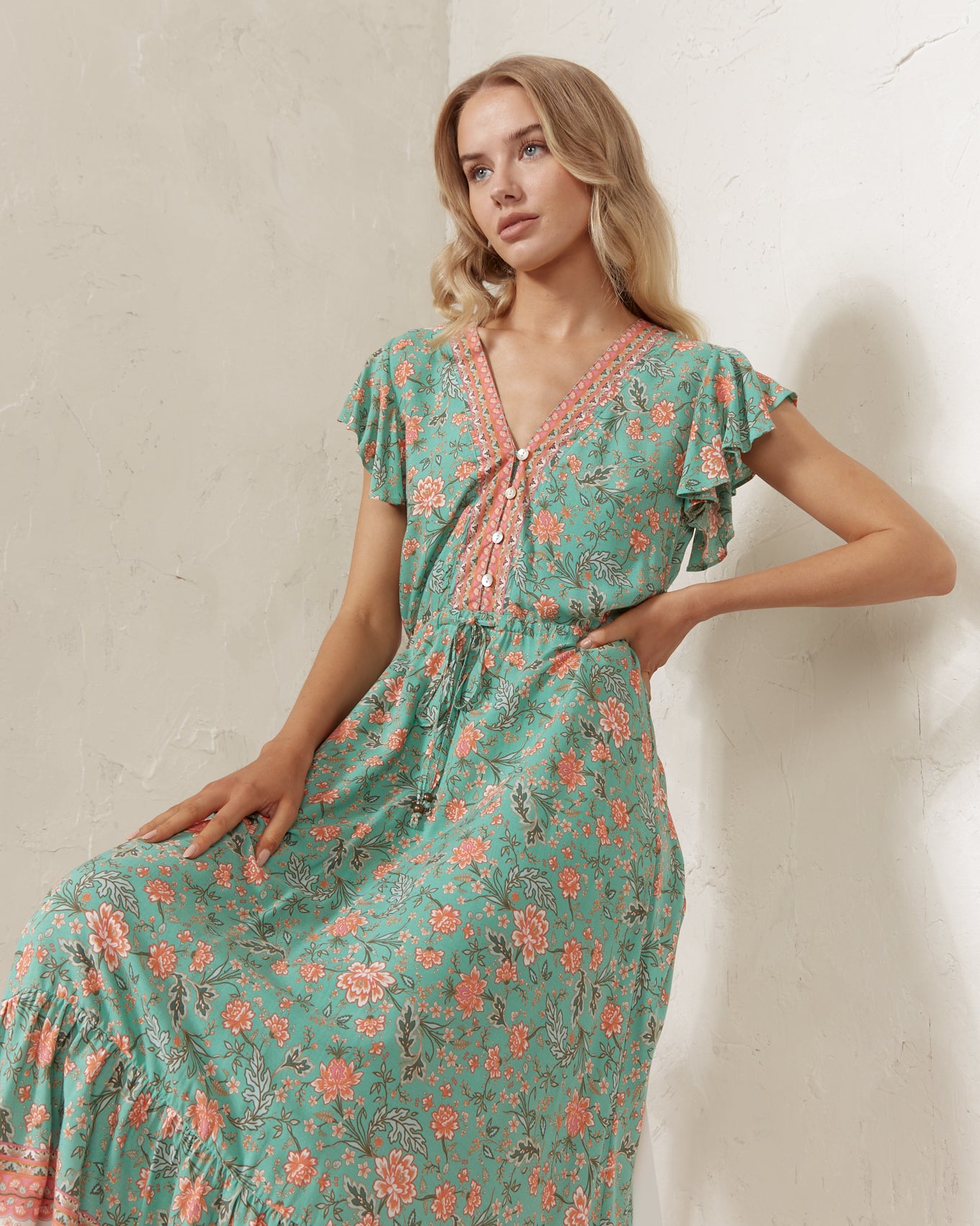 Whitney Green Floral Boho Maxi Dress