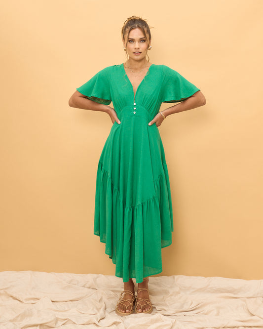 Gaun Maxi Tinggi Rendah Terra Green