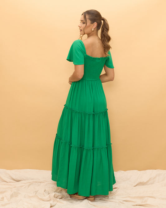 Terra 翡翠绿分层超长连衣裙