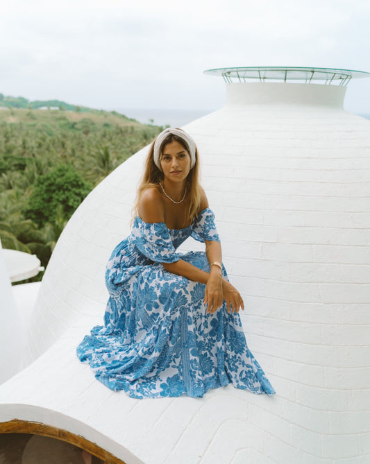 Tatiana Blue Floral Boho Tiered Maxi Dress