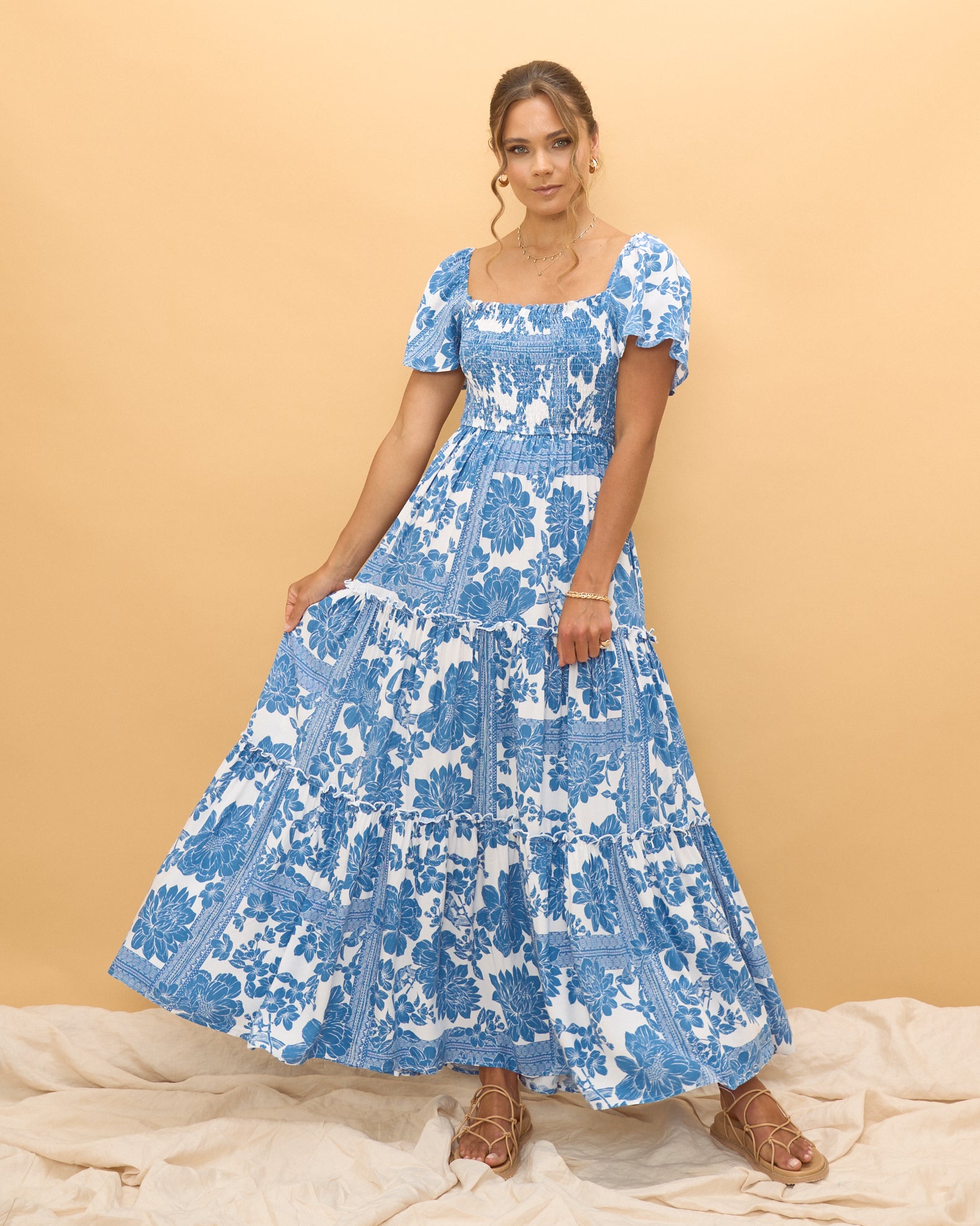 tatiana蓝色花波西米亚风格的长裙