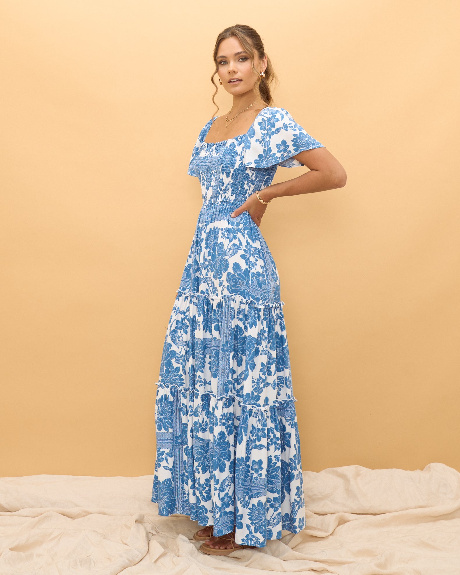 Tatiana Blue Floral Boho Tiered Maxi Dress