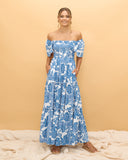 Tatiana Blue Floral Boho Tiered Maxi Dress