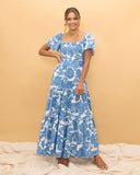Tatiana Blue Floral Boho Tiered Maxi Dress