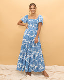 Tatiana 蓝色花卉波西米亚分层超长连衣裙