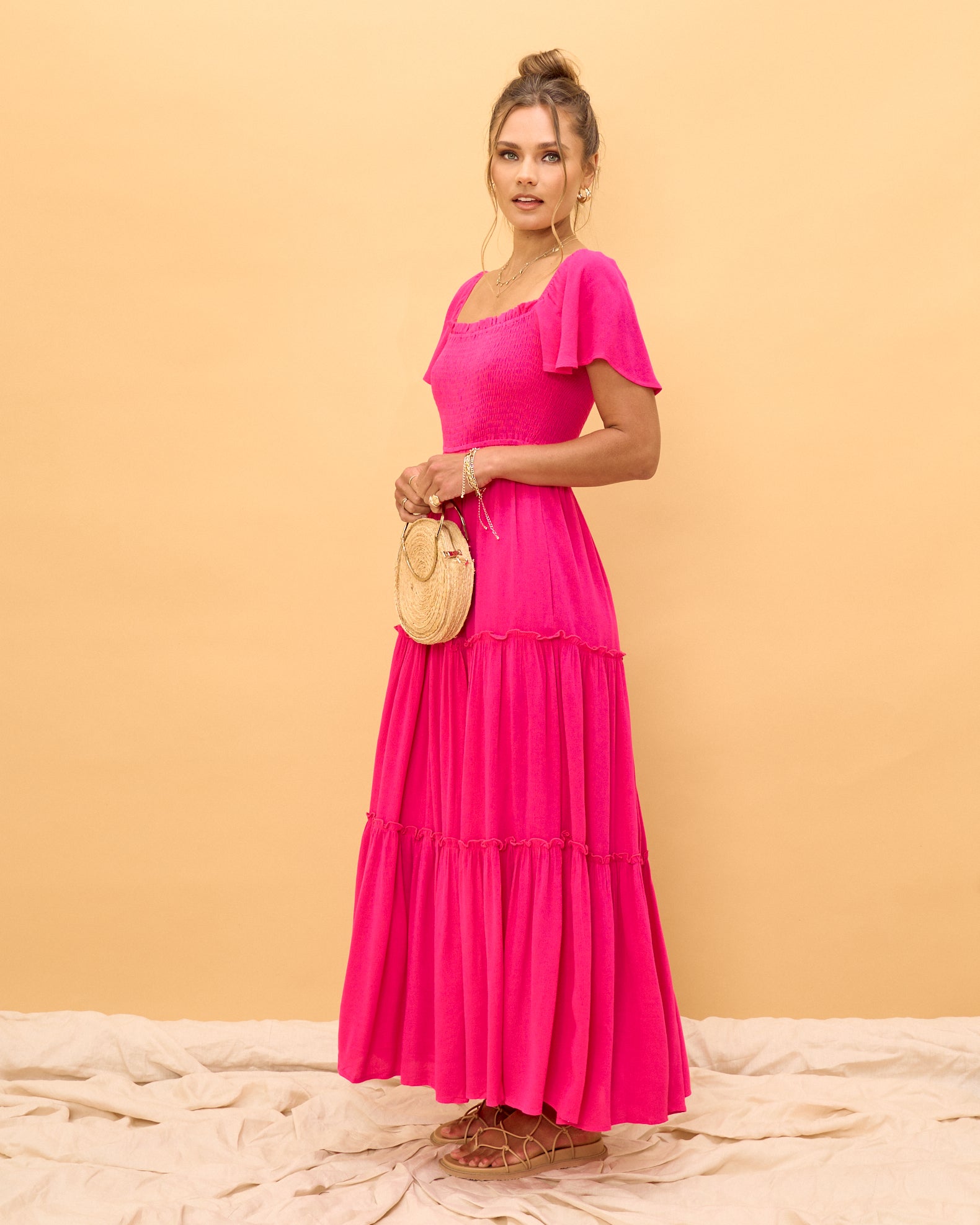 Deia Hot Pink Tiered Maxi Dress