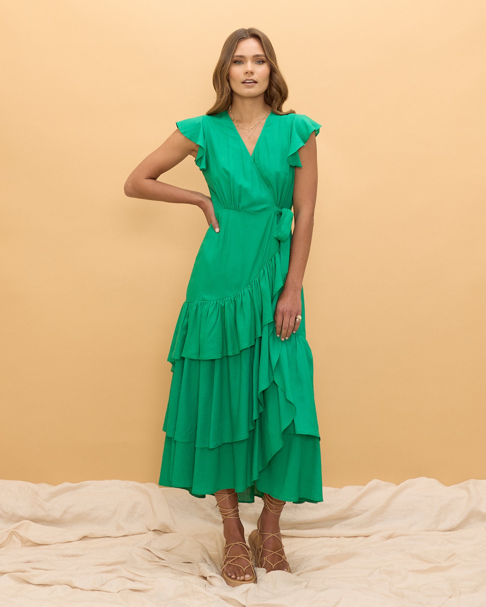 Oliyah Green Wrap Tiered Ruffle Maxi Dress