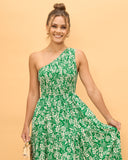 Miah Green Floral One Shoulder Midi Dress