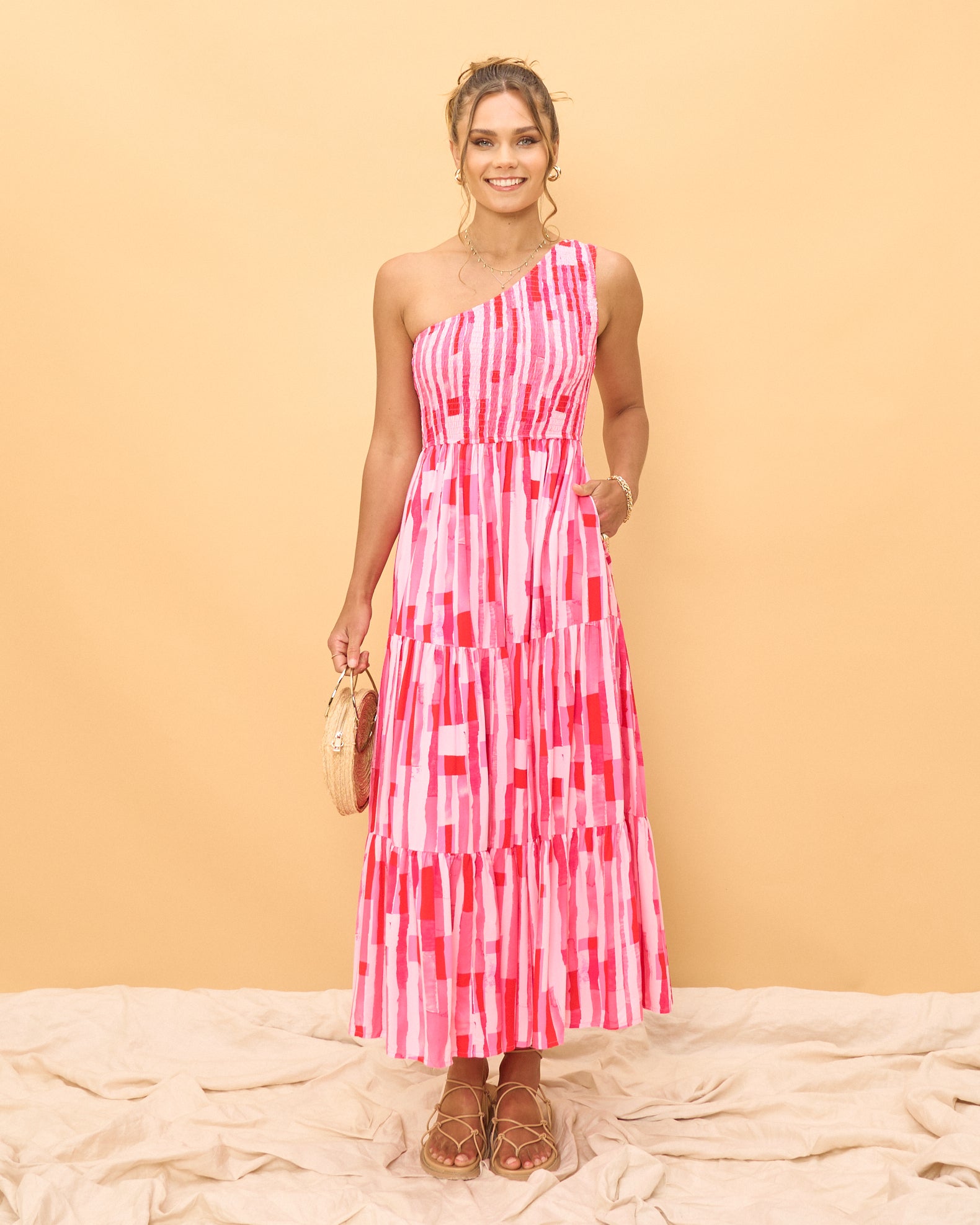 Wania Pink Abstract One Shoulder Midi Dress