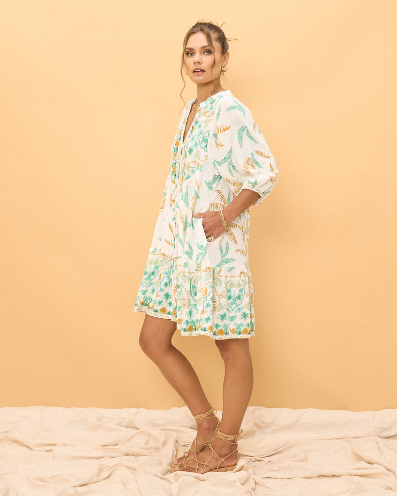 White Ethnic Print Boho Button Tiered Mini Dress