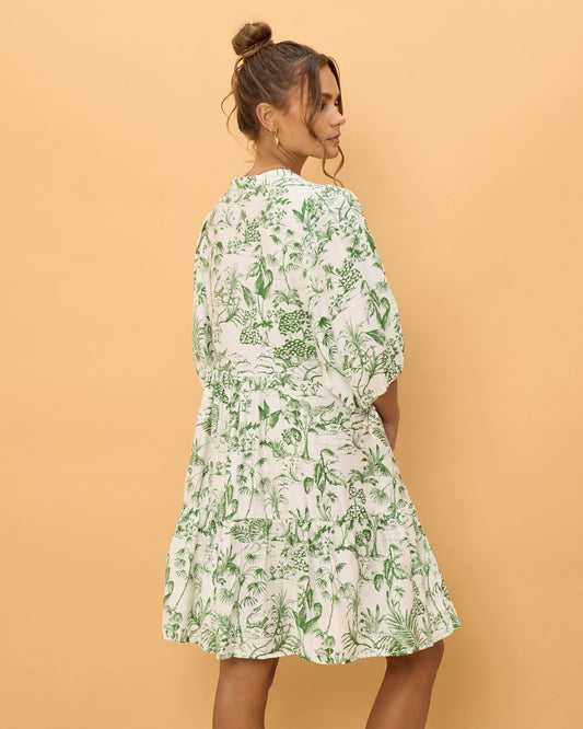 Gaun Mini Berkancing Bunga Tropis Hijau Avani