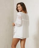 Devin White Button Down Lace Sleeve Top