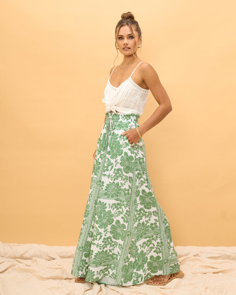 Organic Cotton Wide Leg Pants For Women Green Striped With Embroidered Floral Border For Summer main image 1