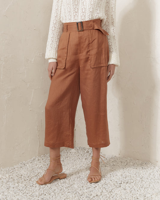 Gaia 棕色亚麻裙裤