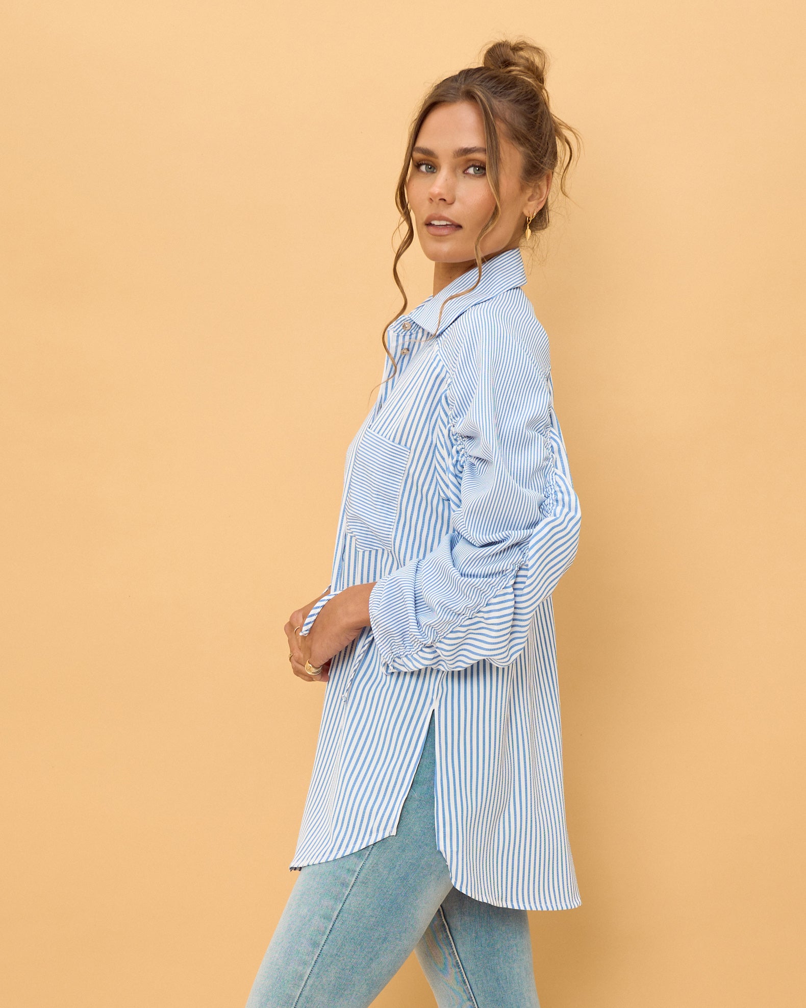 Sophie Blue Ruched Sleeve Shirt