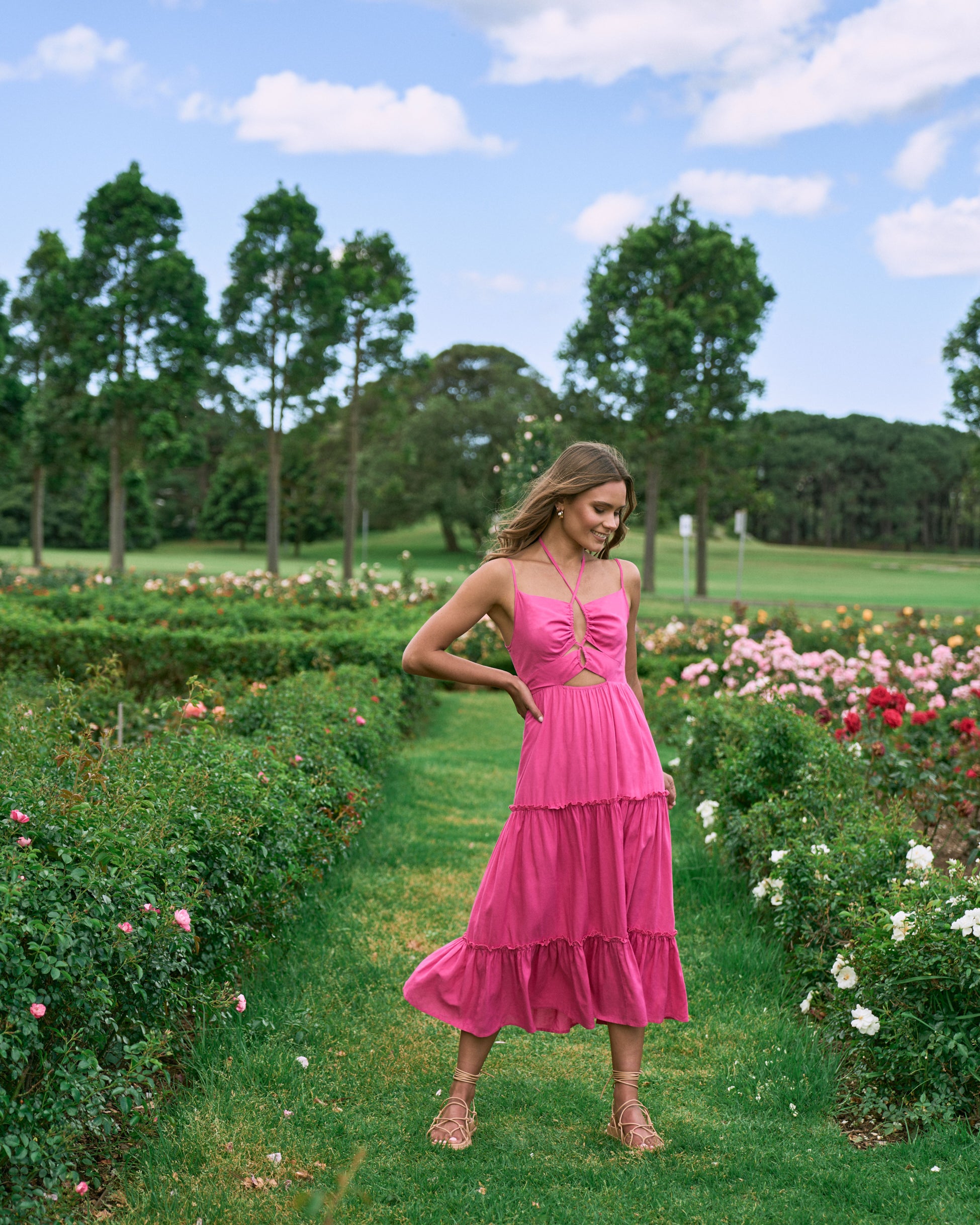 Parisa Hot Pink Halter Neck Midi Dress HEYCHIC