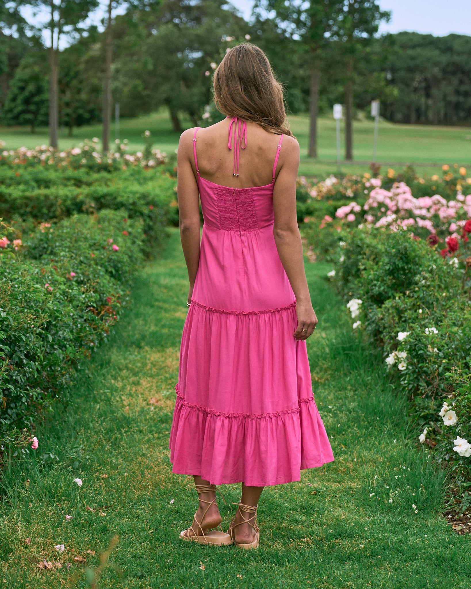 Parisa Hot Pink Halter Neck Midi Dress