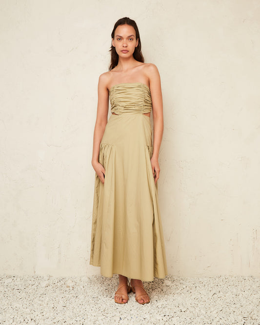 Kinley Light Olive Ruched Maxi Dress