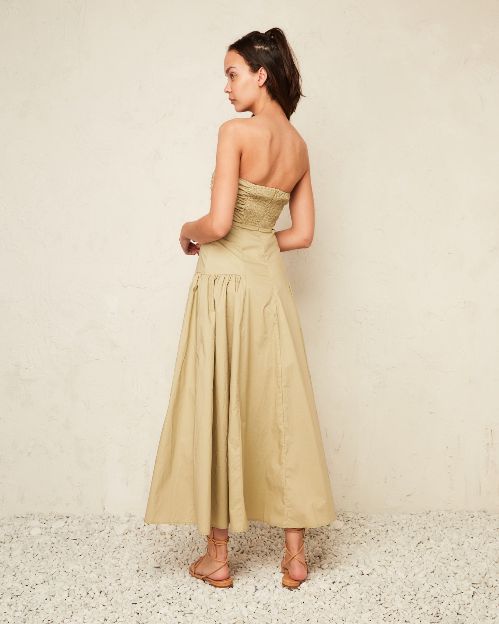 Kinley Light Olive Ruched Maxi Dress