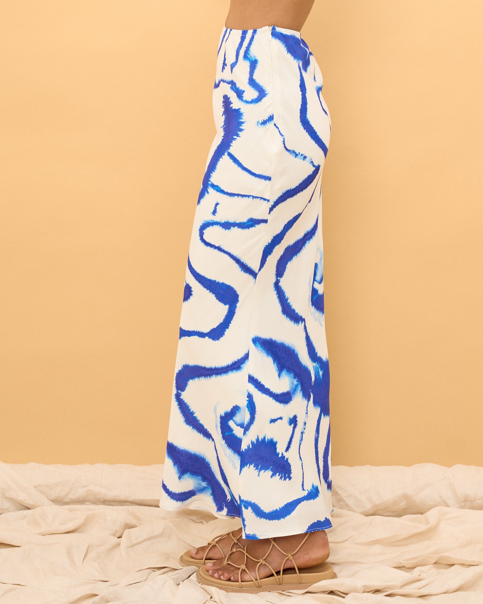 Tidal Blue Abstract Bias Maxi Slip Skirt