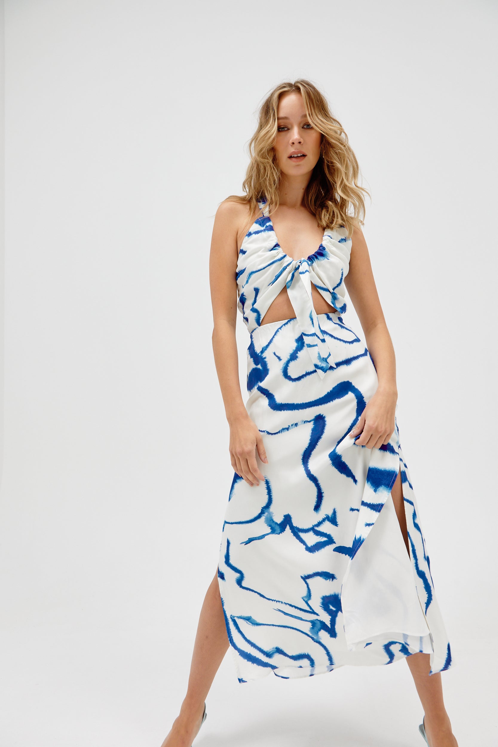 Tidal Blue Abstract Midi Dress