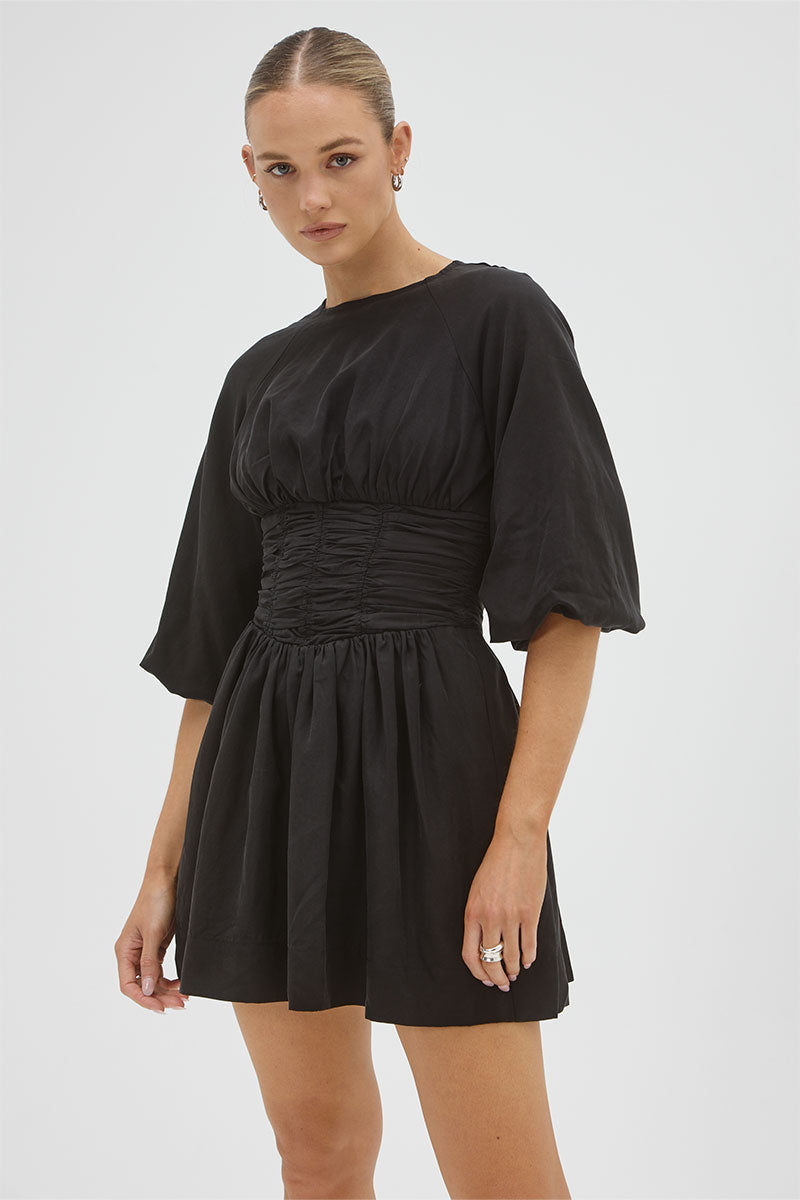 Essence Black Ruched Mini Dress