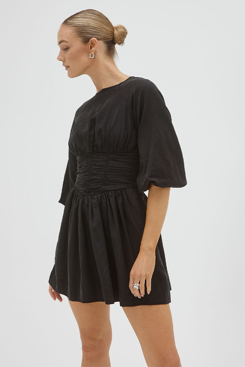 Essence Black Ruched Mini Dress
