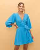 Natasha Blue Puff Sleeve Wrap Mini Dress