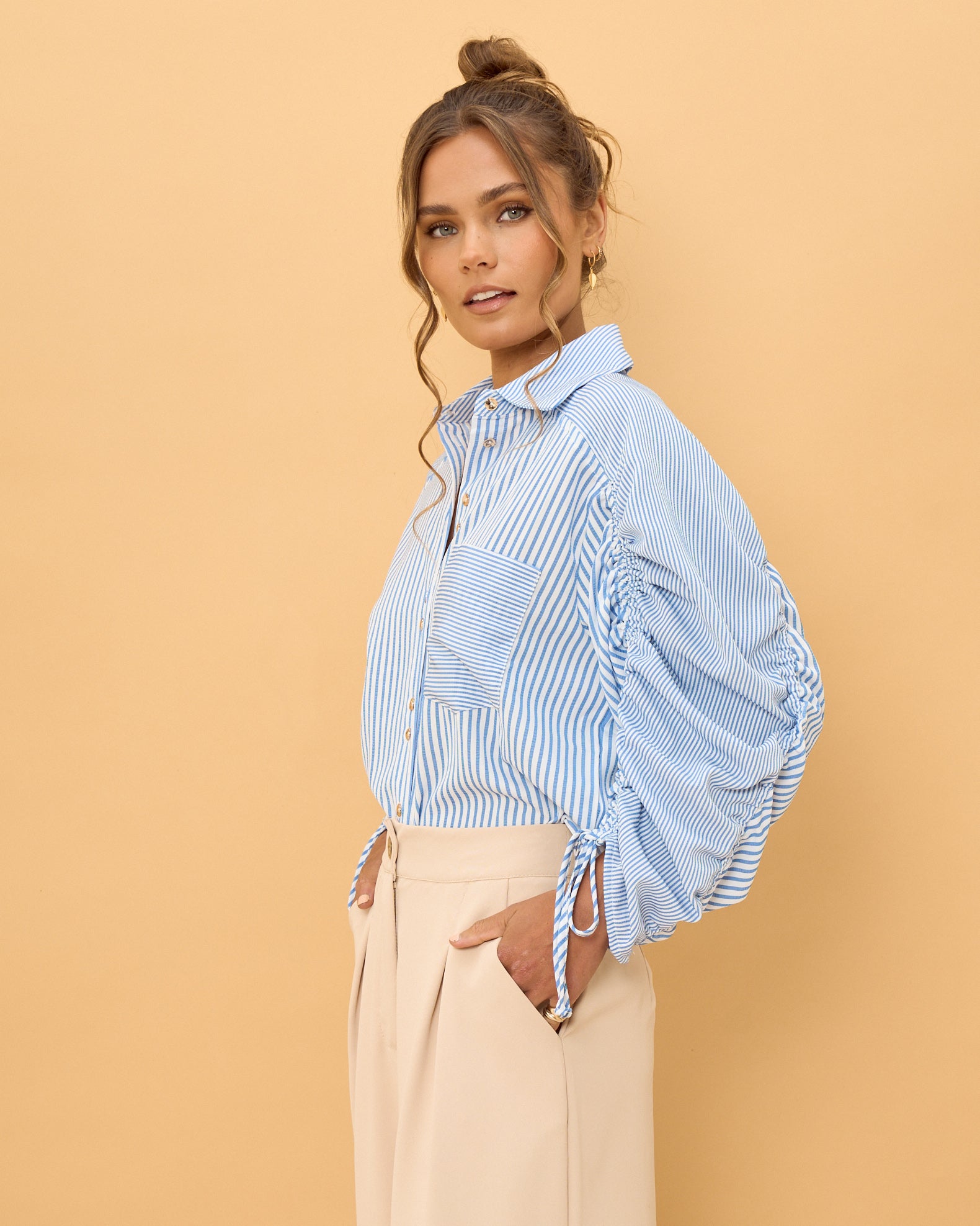 Sophie Blue Ruched Sleeve Shirt