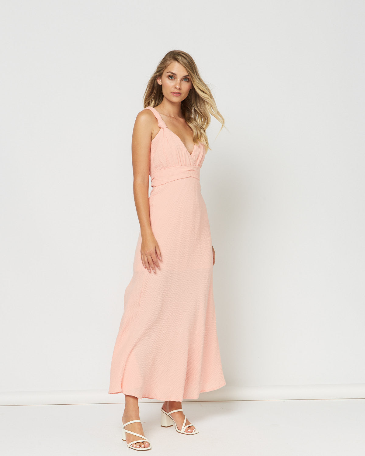 Woman wearing the amber v neck maxi dress